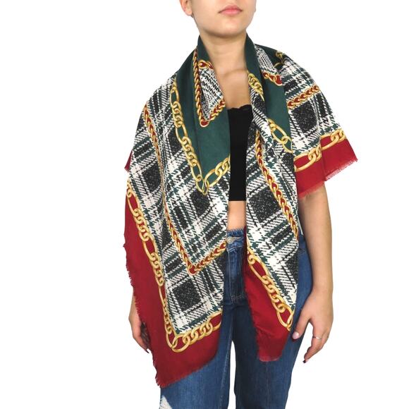 Stunning Vintage Red Green Gold Pattern Chain Retro Neck Scarf - Picture 1 of 6